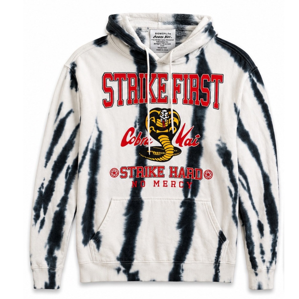 Bioworld Cobra Kai Mens Tie Dye Hoodie Strike First No Mercy White Black Medium